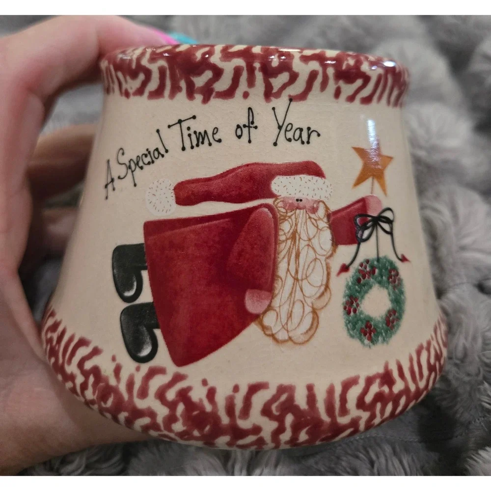 Vintage Santa Folk Art Ceramic Jar Candle Topper Shade Red Spongeware Trim